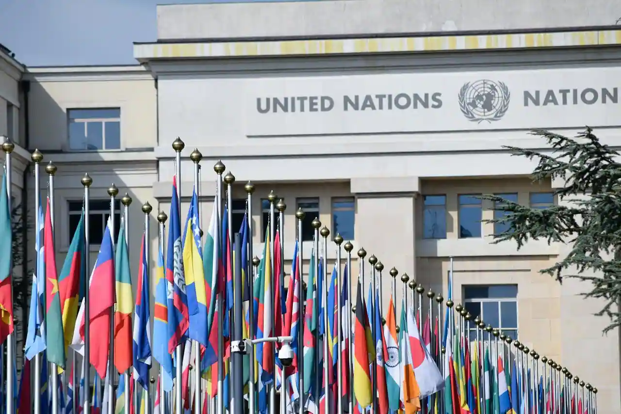 Rangée de drapeaux nationaux flottant devant le siège des Nations unies