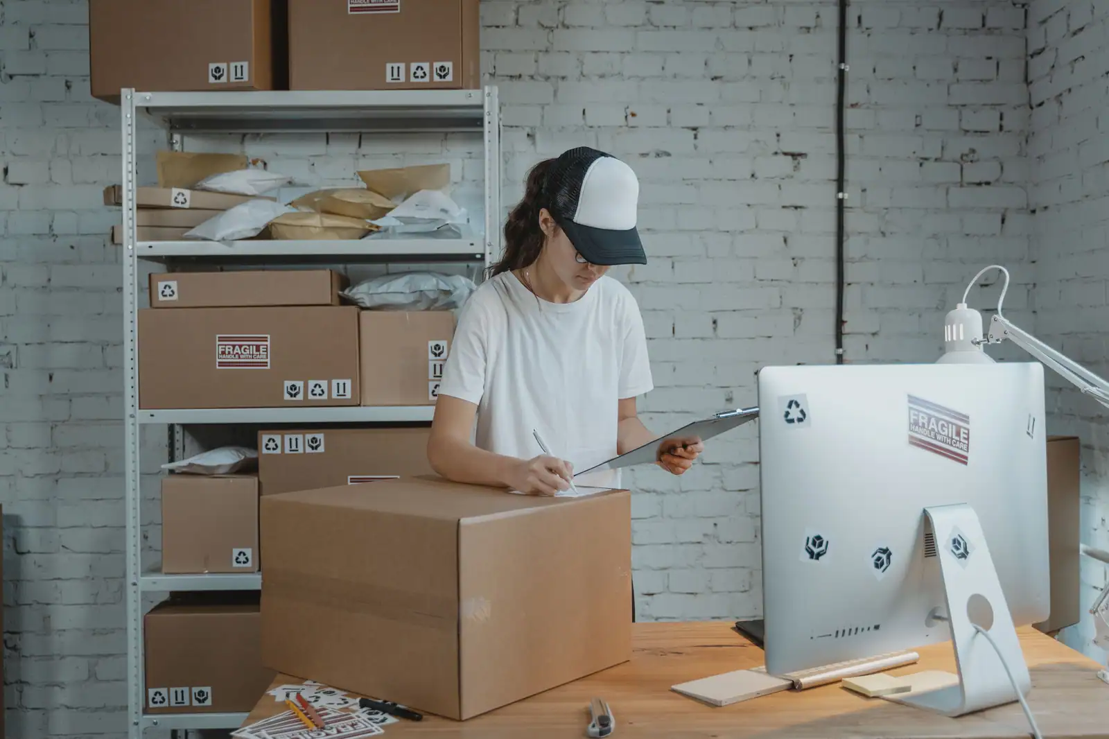 Entrepreneur préparant des colis de marchandises au milieu d'étagères de cartons dans un petit local