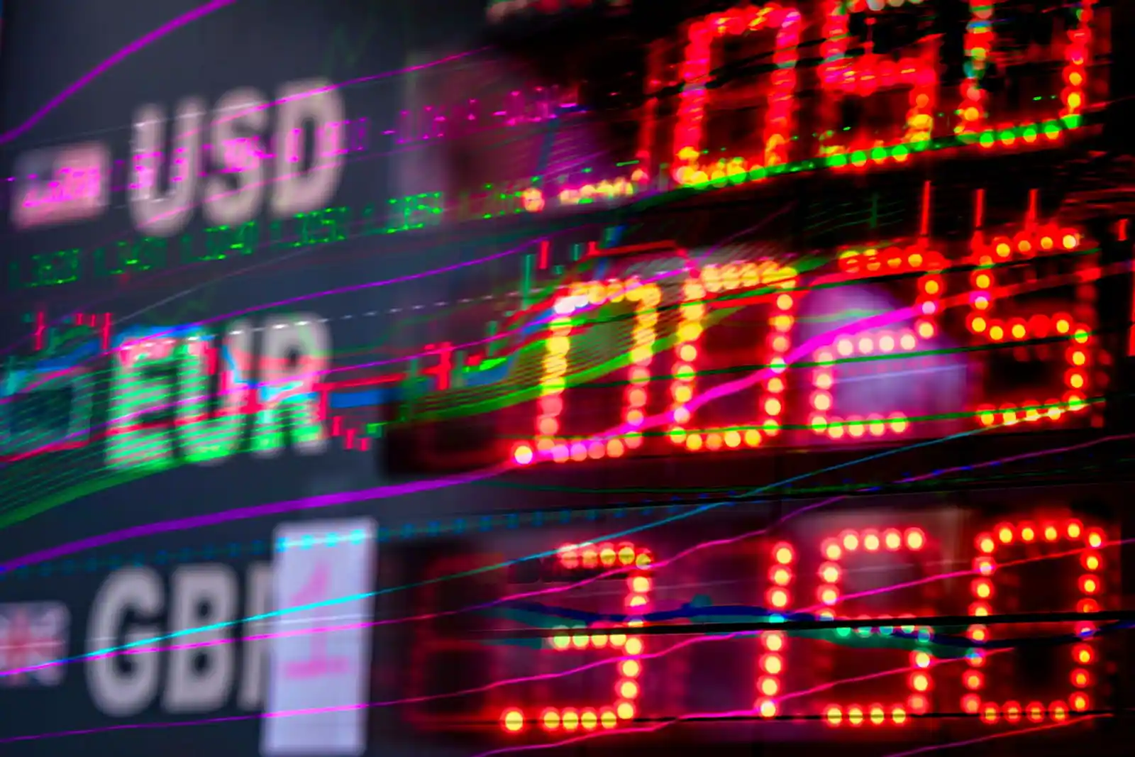 Panneau électronique de cotations financières affichant devises et chiffres de marché, actualité des marchés