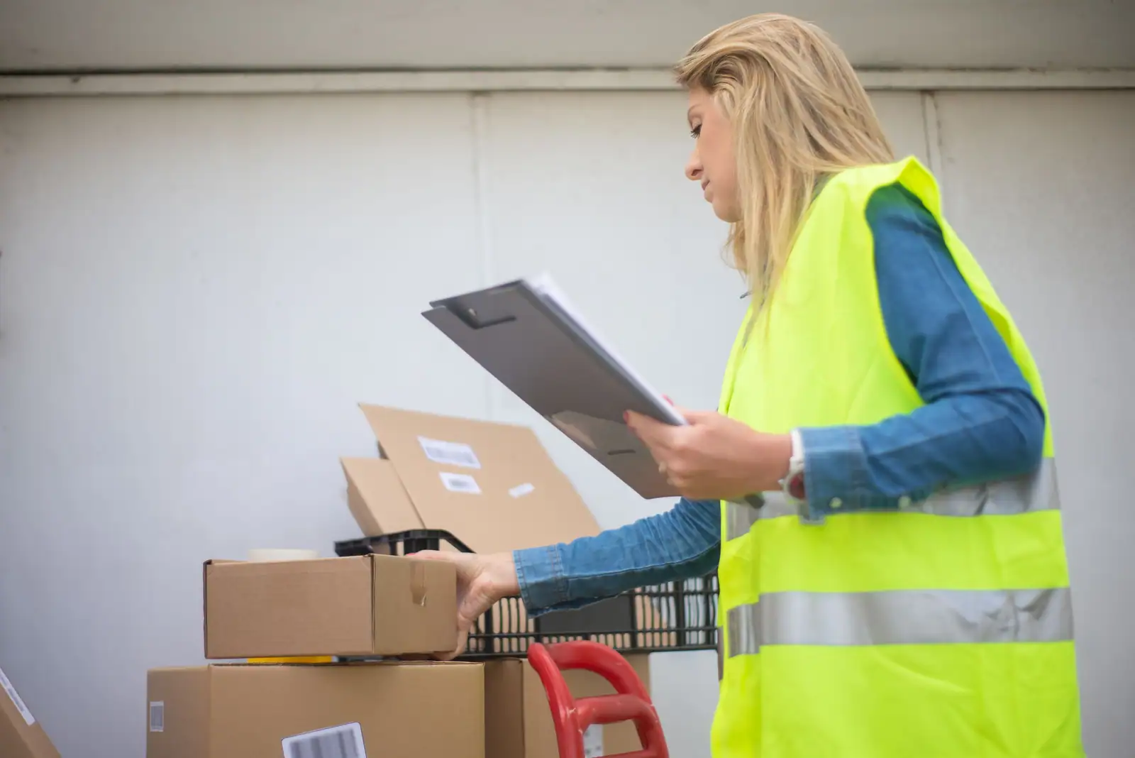 Une employée en gilet haute visibilité contrôle des colis à l'aide d'un porte-bloc dans un espace logistique.