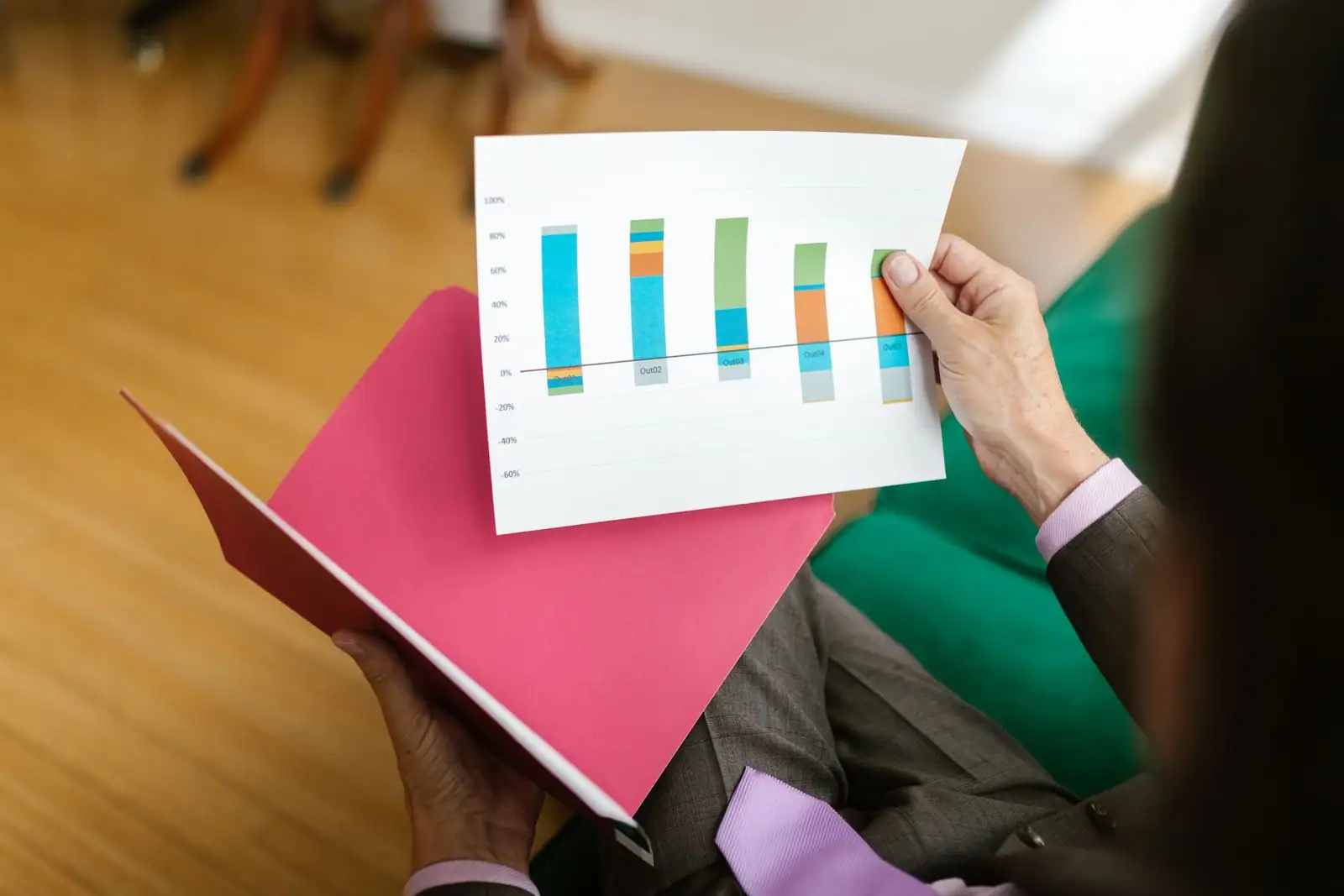 Personne tenant la page imprimée d'un rapport d'activité, graphique en barres et chemise cartonnée ouverte