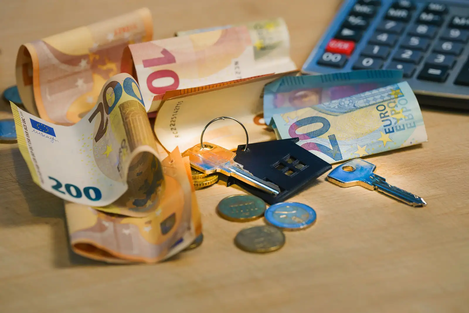 Billets et pièces en euros posés près d'un porte-clés en forme de maison et d'une calculatrice